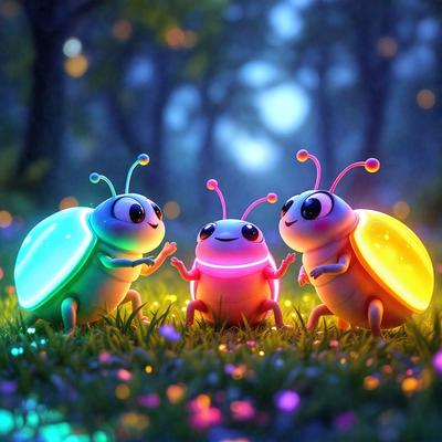 The primary subject of the image is a group of three colorful, glowing insects, possibly lizards or dragonflies, standing together in a grassy field. The setting is a lush green field with trees in the background, creating a serene and natural atmosphere. The visual style of the image is a digital art or illustration, with the insects being depicted in a vibrant and eye-catching manner. The colors and mood of the image are predominantly bright and cheerful, with the glowing insects adding a sense of warmth and energy to the scene.